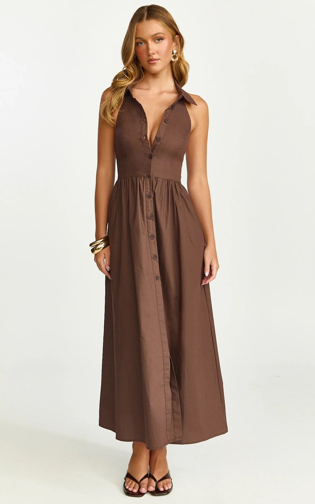 Ruby Midi Dress Collared Button Down Gathered Waist Skirt Fit And Flare Dress in Dark Chocolate