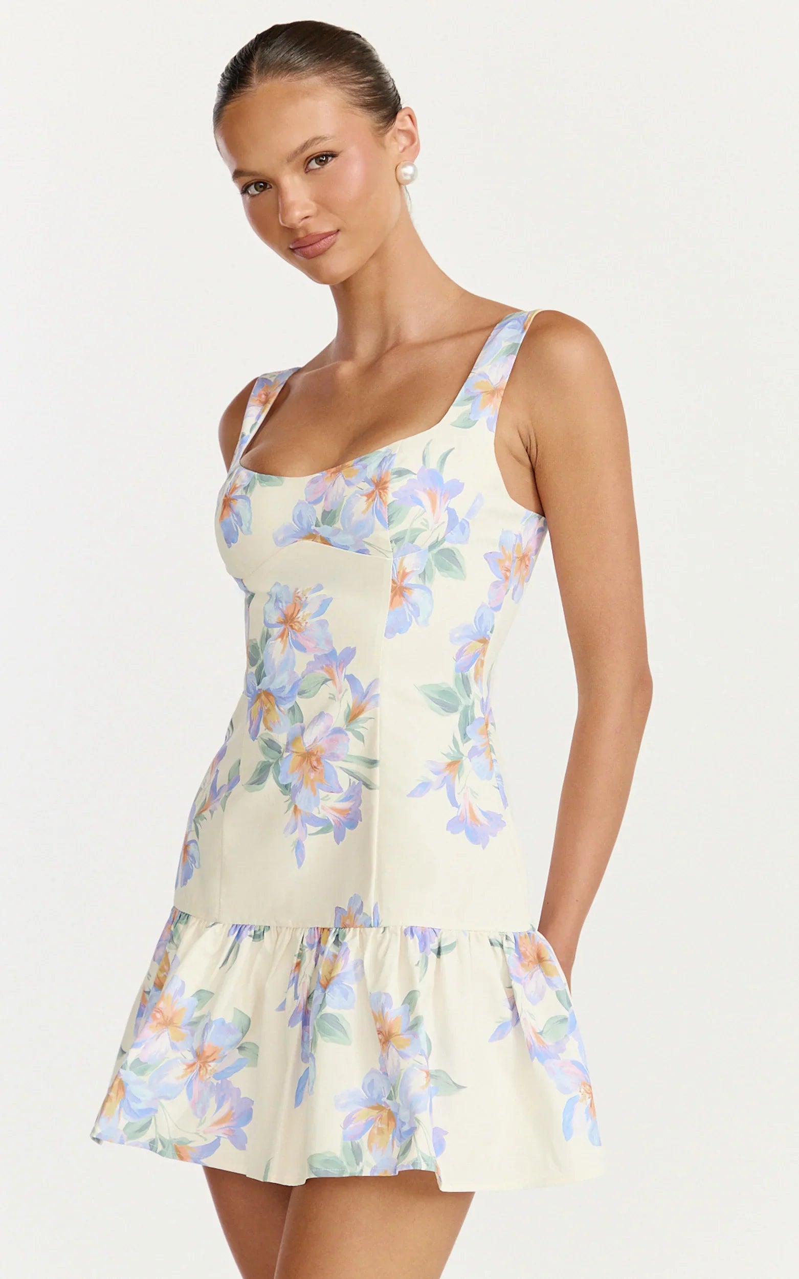 Astra Mini Dress Balconette Bodice Drop Waist Dress in Astra Posey Floral Print