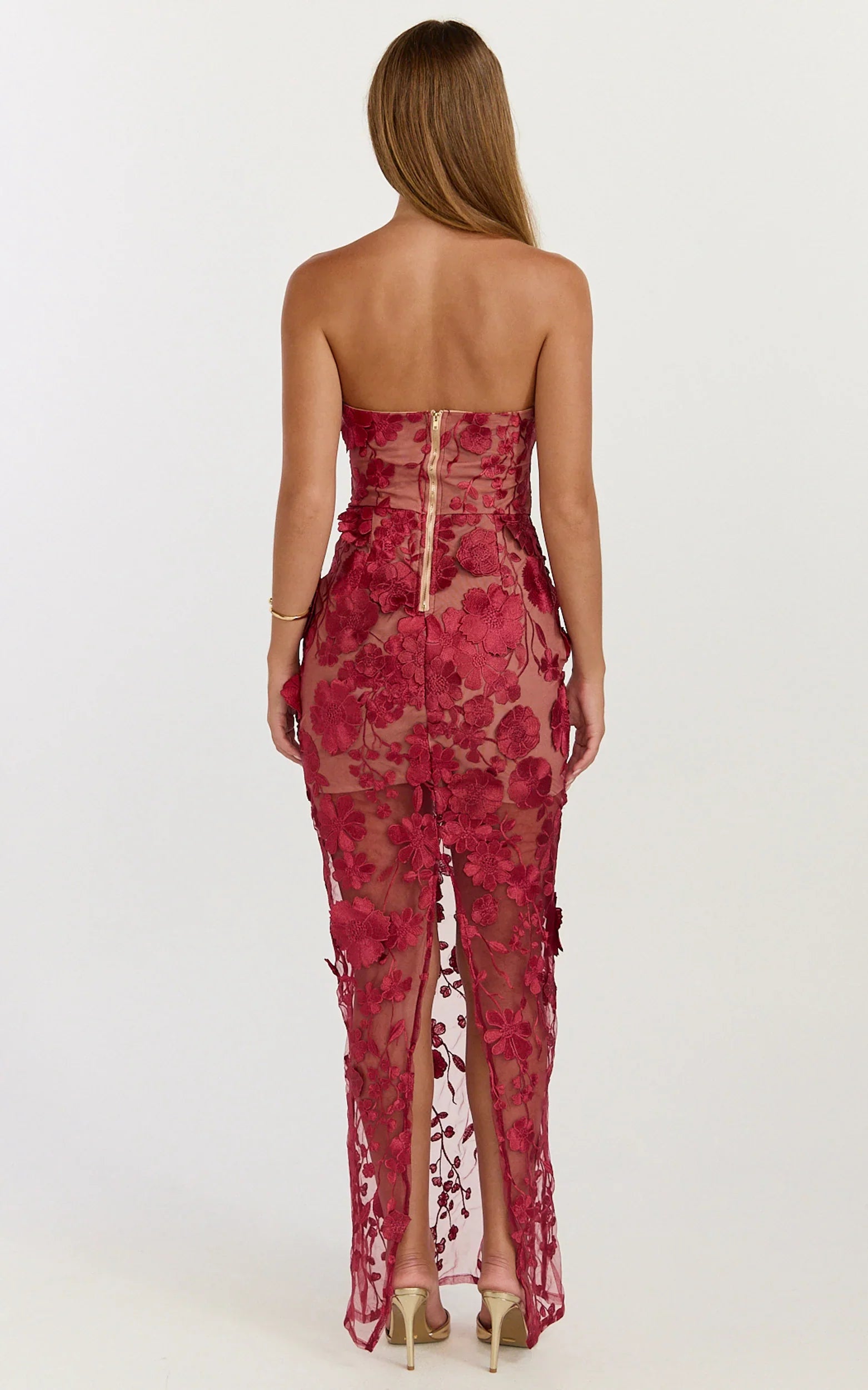 Sienna Maxi Dress 3D Floral Strapless Column Dress in Wine