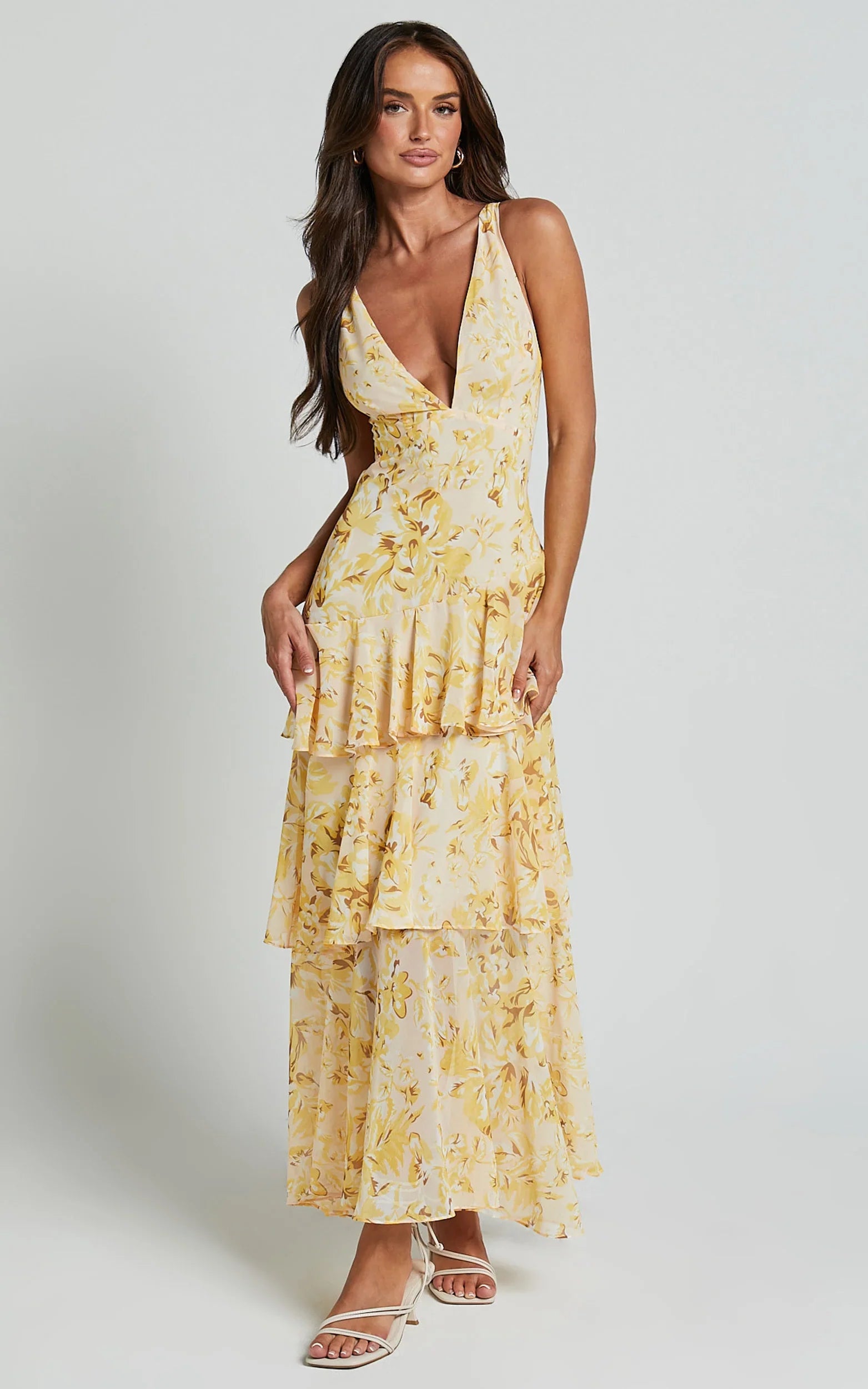 Beryl Midi Dress Deep V Neck Sleeveless Layered Dress in Yellow Floral