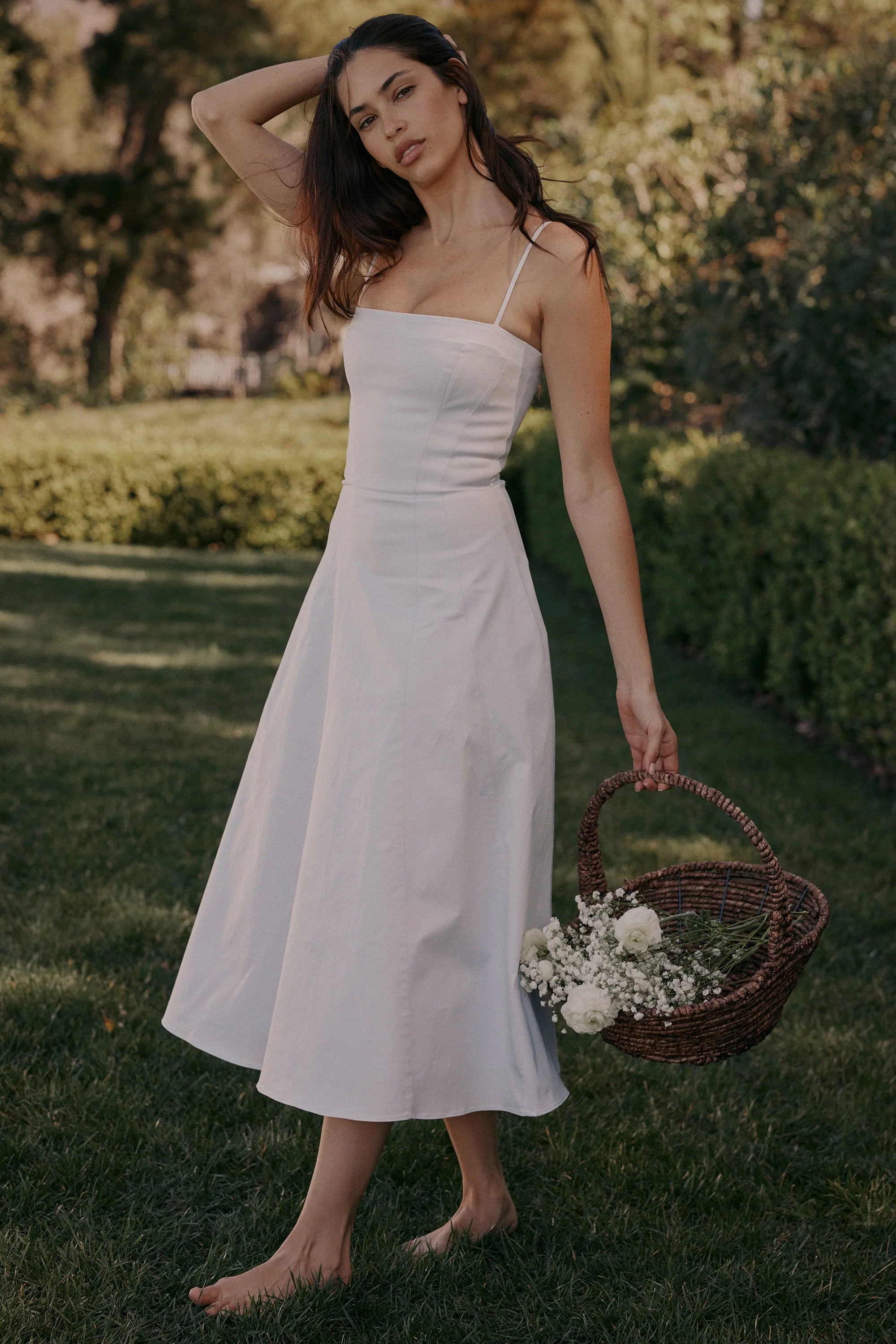 white stretch cotton a line midi sundress