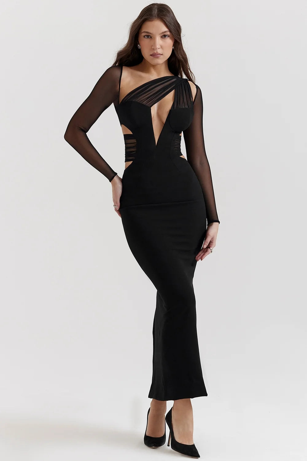 black plunge maxi dress