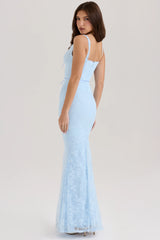 blue lace godet maxi dress