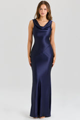 navy satin draped cowl neck maxi dress