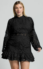 Kiss Me Now Mini Dress Long Puff Sleeve Dress in Black Lace