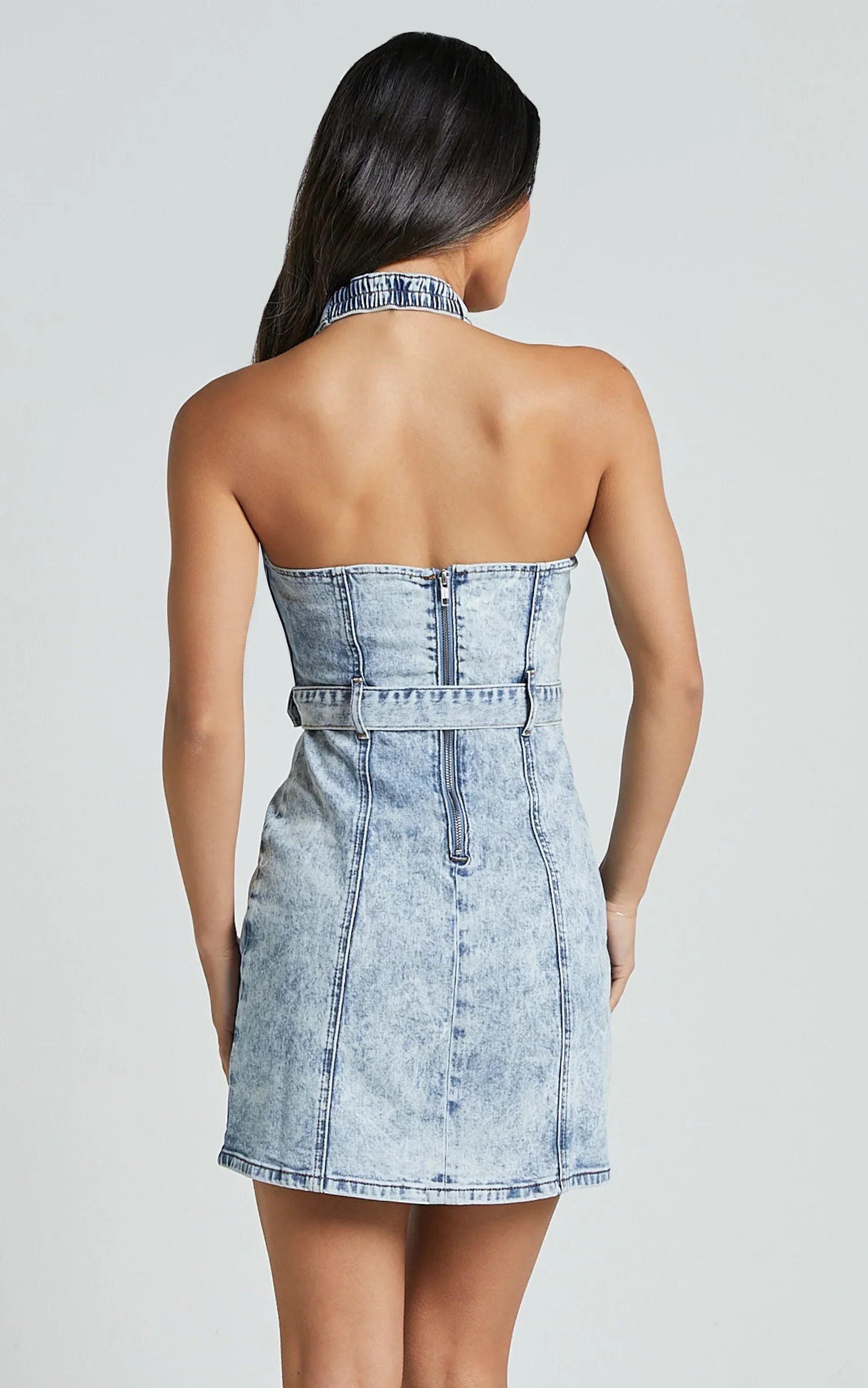 Izolda Mini Dress Halter Neck Belted Bodycon Denim Dress in Light Blue Acid Wash