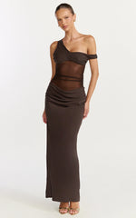 Elias Maxi Dress Twisted One Shoulder Cowl Dropped Waist Dress in Chocolate