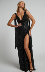Malisha Maxi Dress Sequin Cowl Neck Backless Dress in Black