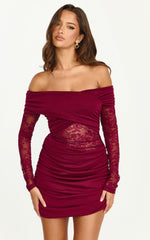 Juliet Mini Dress Off Shoulder Lace Contrast Bodycon Dress in Wine