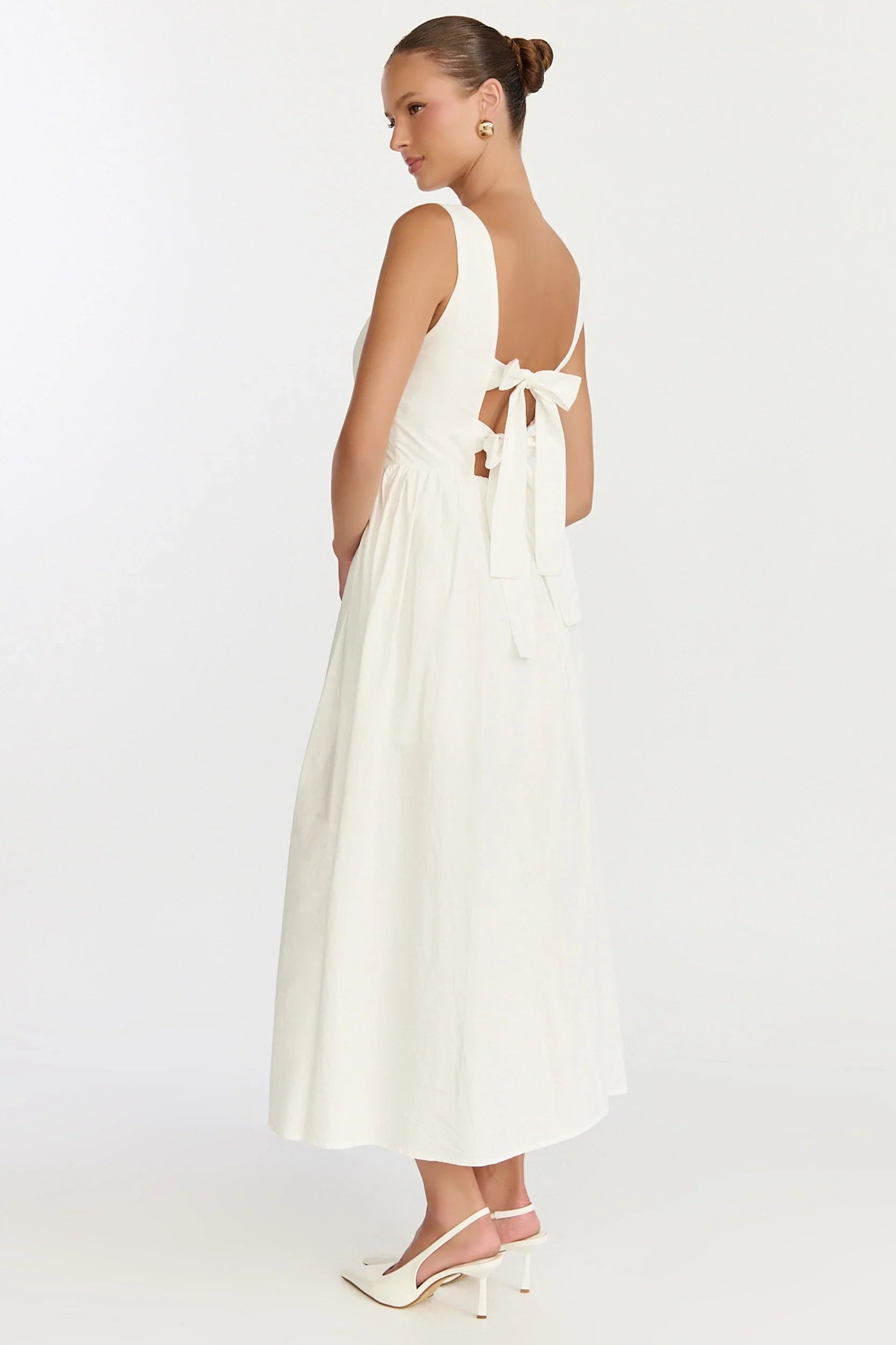 Casina Midi Dress Boat Neck Tie Back Fit And Flare Dress in Off White