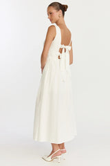 Casina Midi Dress Boat Neck Tie Back Fit And Flare Dress in Off White