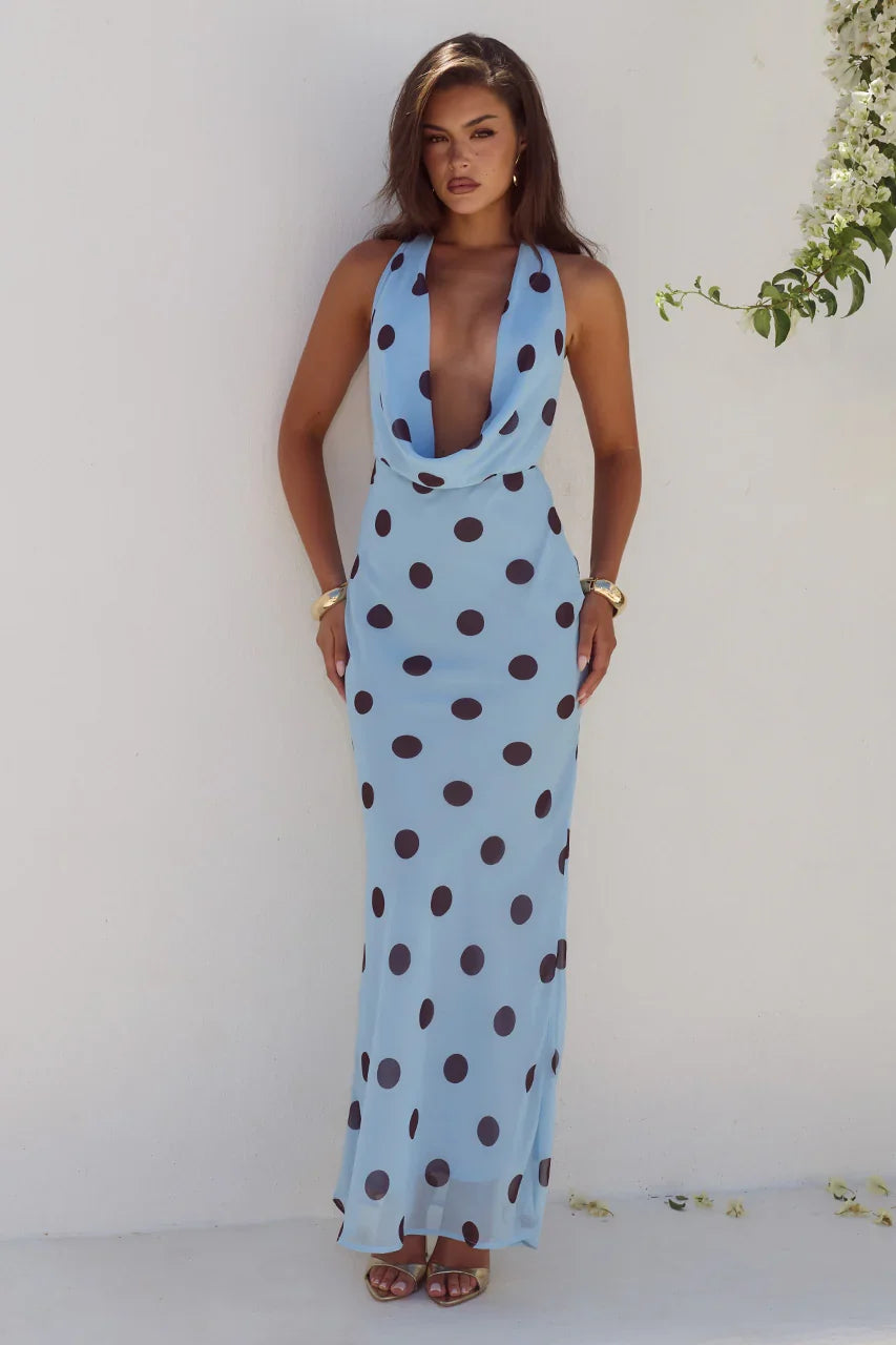 LEXIE LOW PLUNGE HALTER MAXI DRESS SKY BLUE CHOC POLKA