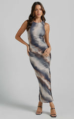 Loralie Midi Dress Mesh High Neck Bodycon Dress in Brown Tie Dye