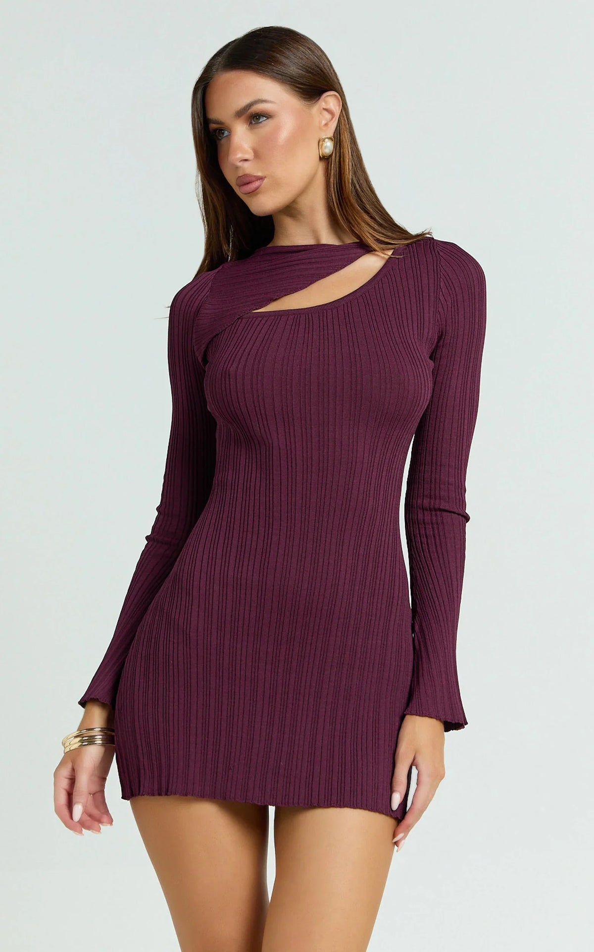 Zoya Mini Dress Long Sleeve Bodycon Dress in Wine
