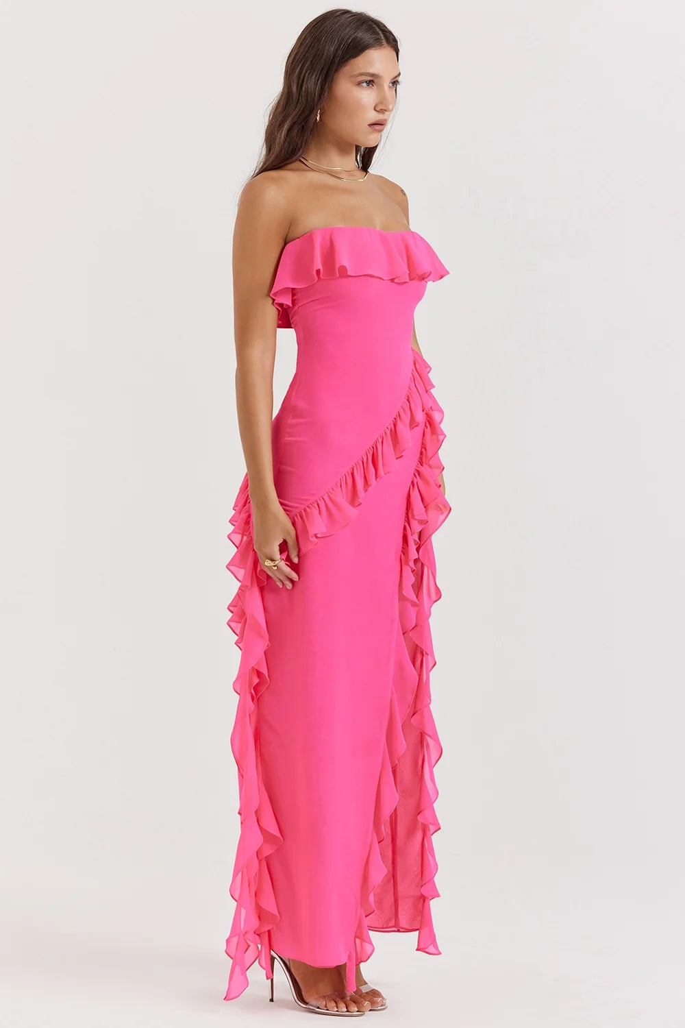fuchsia ruffle maxi dress