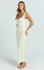 Benita Midi Dress Scoop Neck Ruched Fitted Dress in Lemon