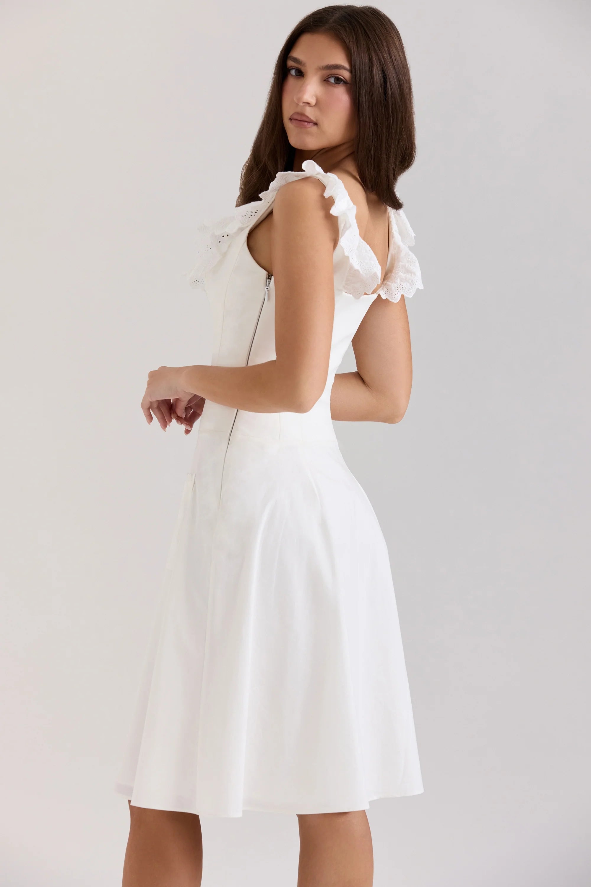 white cotton broderie anglaise trim midi dress