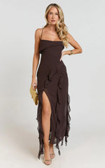 Connie Midi Dress Ruffle Detail Dress in Chocolate