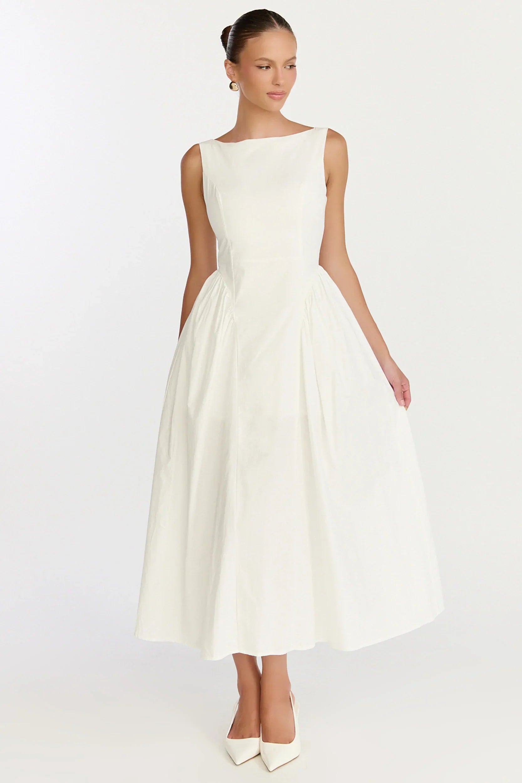 Casina Midi Dress Boat Neck Tie Back Fit And Flare Dress in Off White