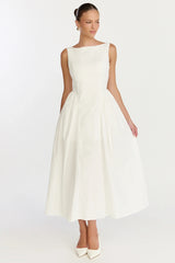 Casina Midi Dress Boat Neck Tie Back Fit And Flare Dress in Off White