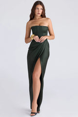 emerald satin strapless maxi dress