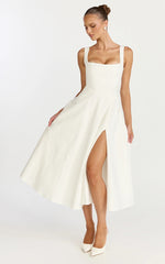 Bernie Midi Dress Square Neck Strapped Full Circle Skirt Dress in White