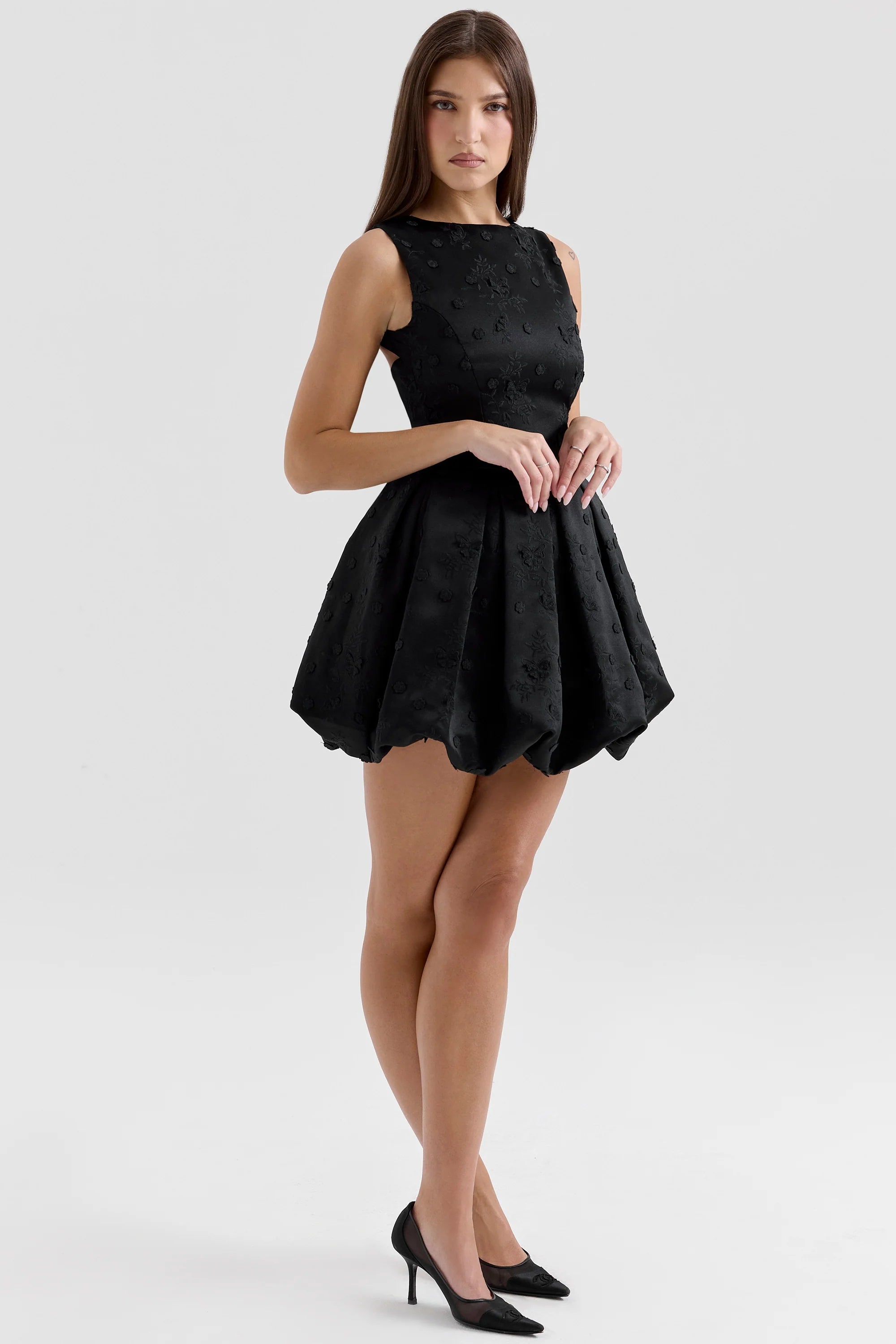 black backless embroidered mini puffball dress