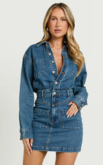 Kamala Mini Dress Long Sleeve Button Through Denim Dress in Dark Blue Wash