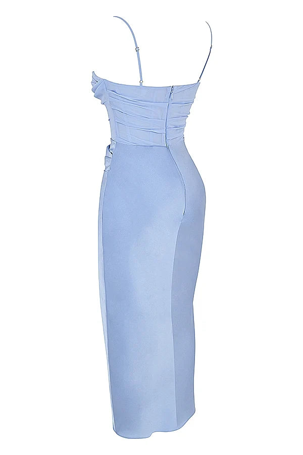 sky draped corset midi dress