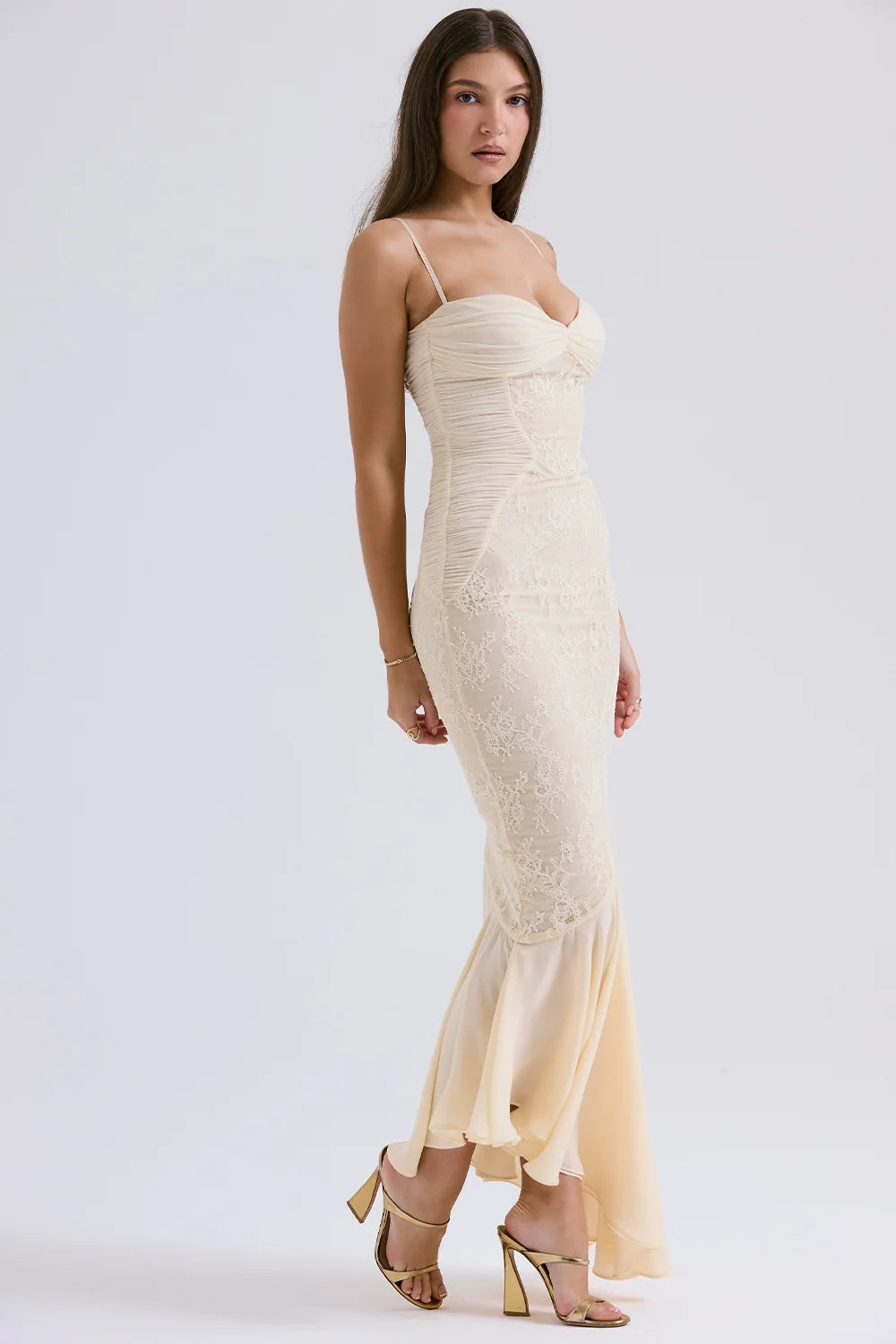 vanilla chiffon lace gown