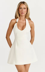 Leilani Mini Dress Plunge Gold Hardware Fit and Flare Dress in White