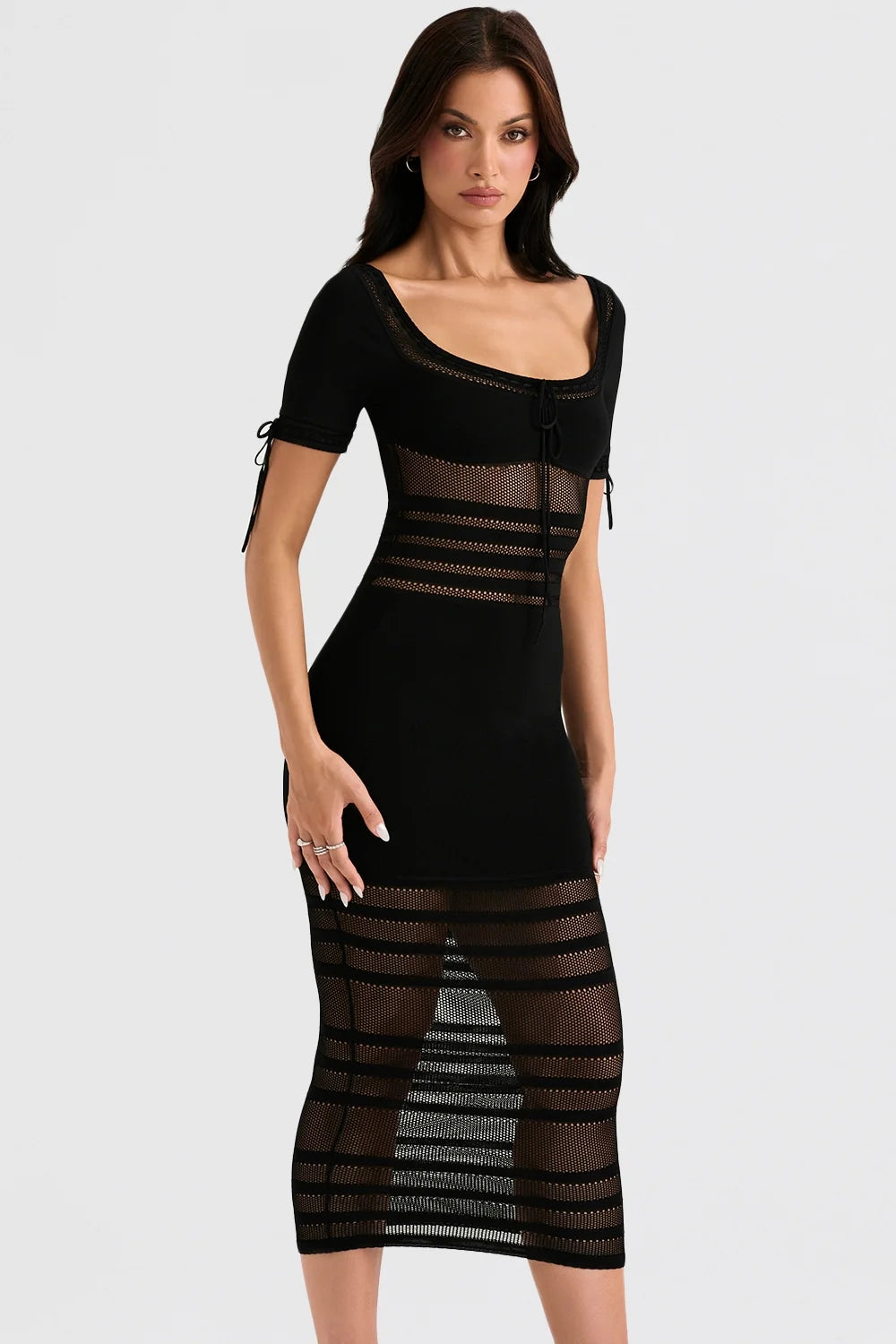 black openwork knit midi dress
