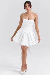 white satin strapless bow mini gown