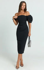 Lohan Midi Dress Off Shoulder Puff Sleeve in Black