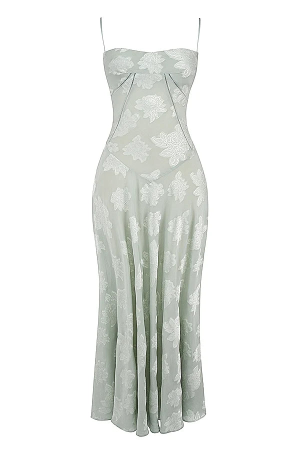 pistachio floral lace back maxi dress