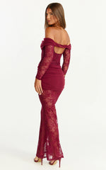 Juliet Maxi Dress Off Shoulder Long Sleeve Ruched Overlay Lace Dress in Wine