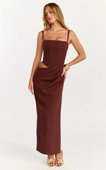 Jonas Maxi Dress Strapless Corset Bodice Draped Waist Skirt Dress in Chocolate