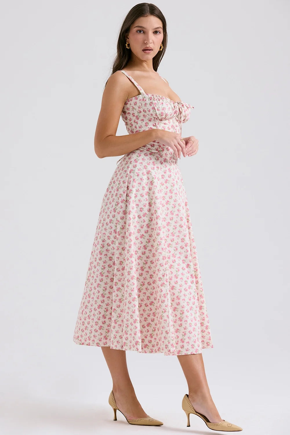 white rosebud print cotton bustier sundress