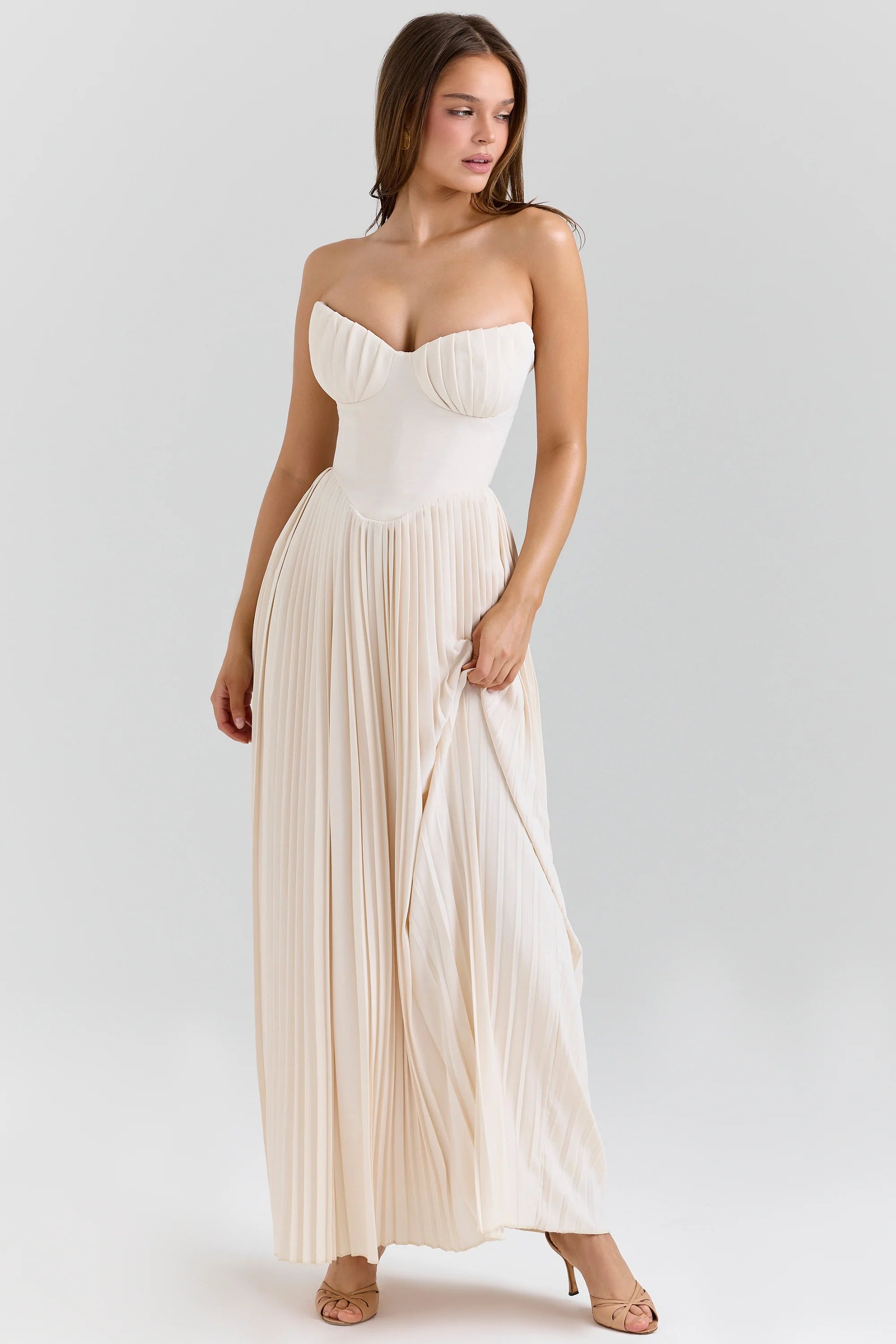 ivory georgette pleated maxi dress