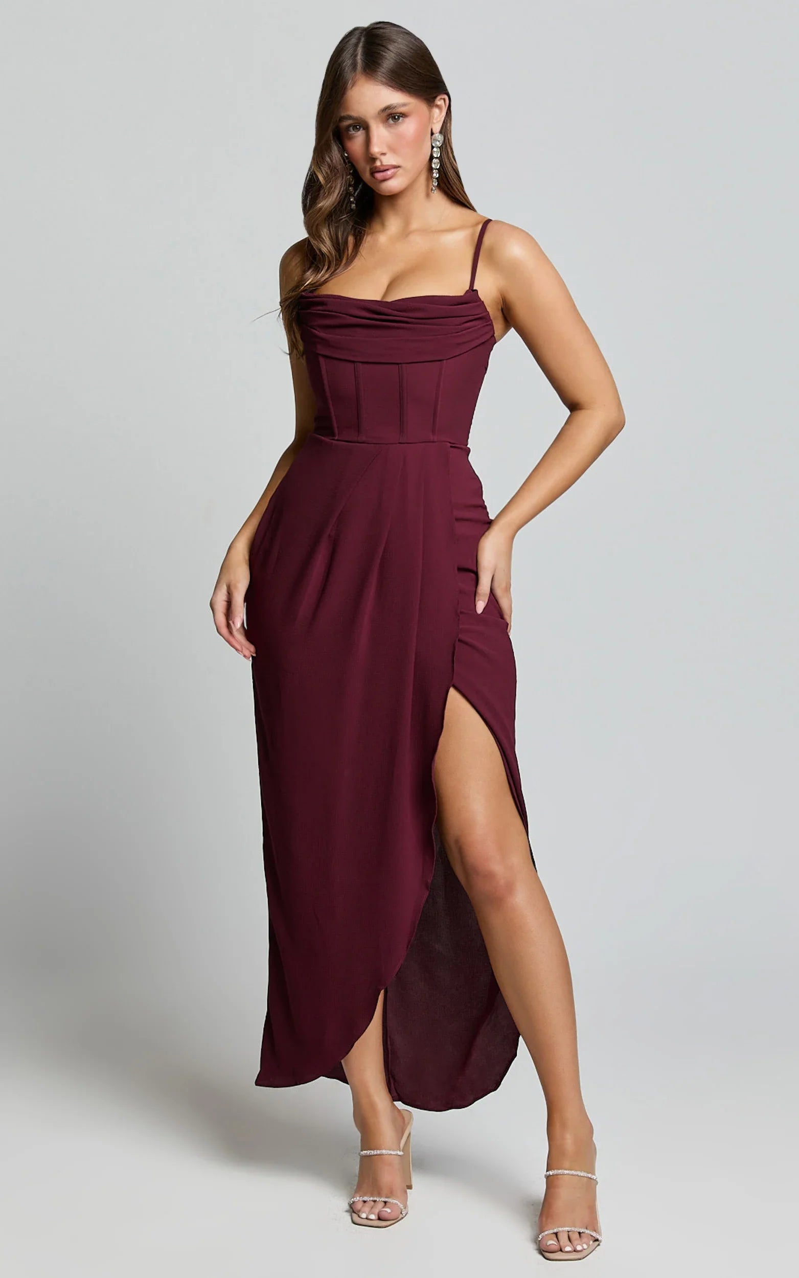 Andrina Midi Dress High Low Wrap Corset Dress in Wine