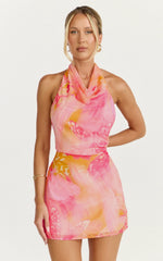 Elouise Mini Dress Halter Cowl Neck Dress in Hot House Orchid Print
