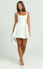 Aimee Mini Dress Scoop Neck Corset Gathered Dress in White