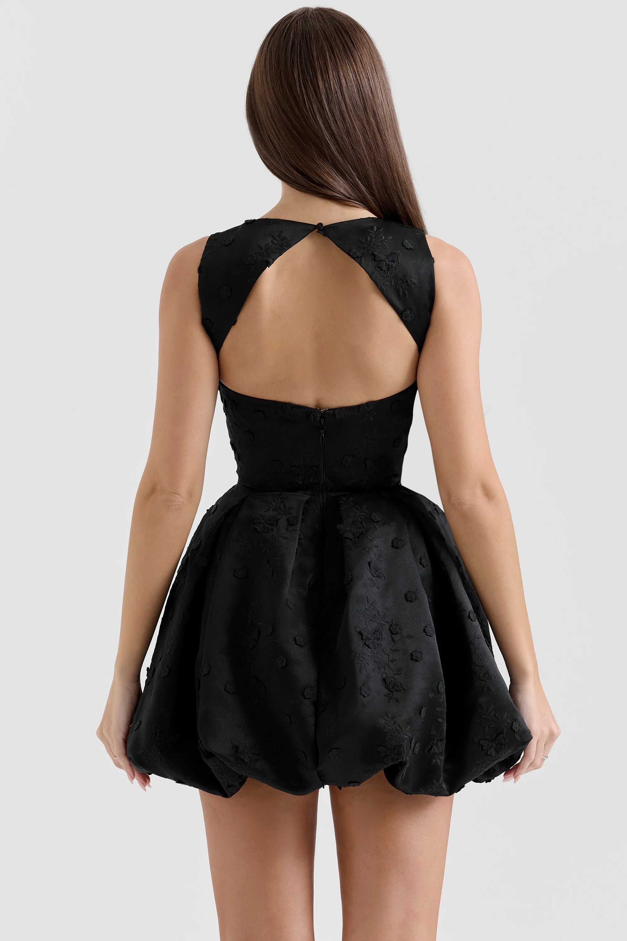 black backless embroidered mini puffball dress