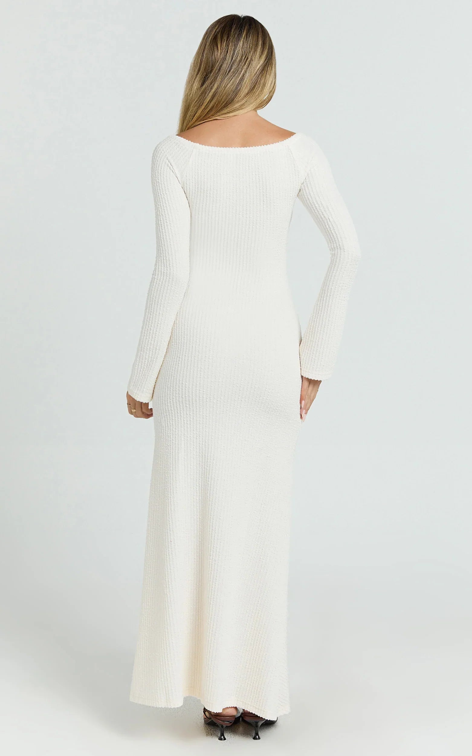 Ayla Maxi Dress Off Shoulder Flared Sleeve Bodycon Dress in Off White