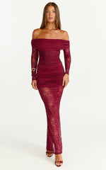 Juliet Maxi Dress Off Shoulder Long Sleeve Ruched Overlay Lace Dress in Wine