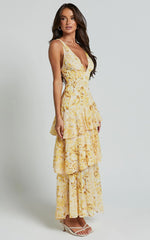 Beryl Midi Dress Deep V Neck Sleeveless Layered Dress in Yellow Floral