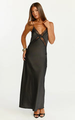 Christy Midi Dress V Neck Lace Detail Slip Dress in Black