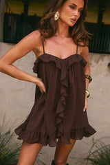 KRISTIA FLOUNCE RUFFLE MINI DRESS BITTER CHOCOLATE