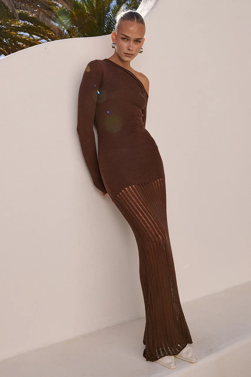 GRETA ONE SHOULDER KNIT MAXI DRESS CHOCOLATE