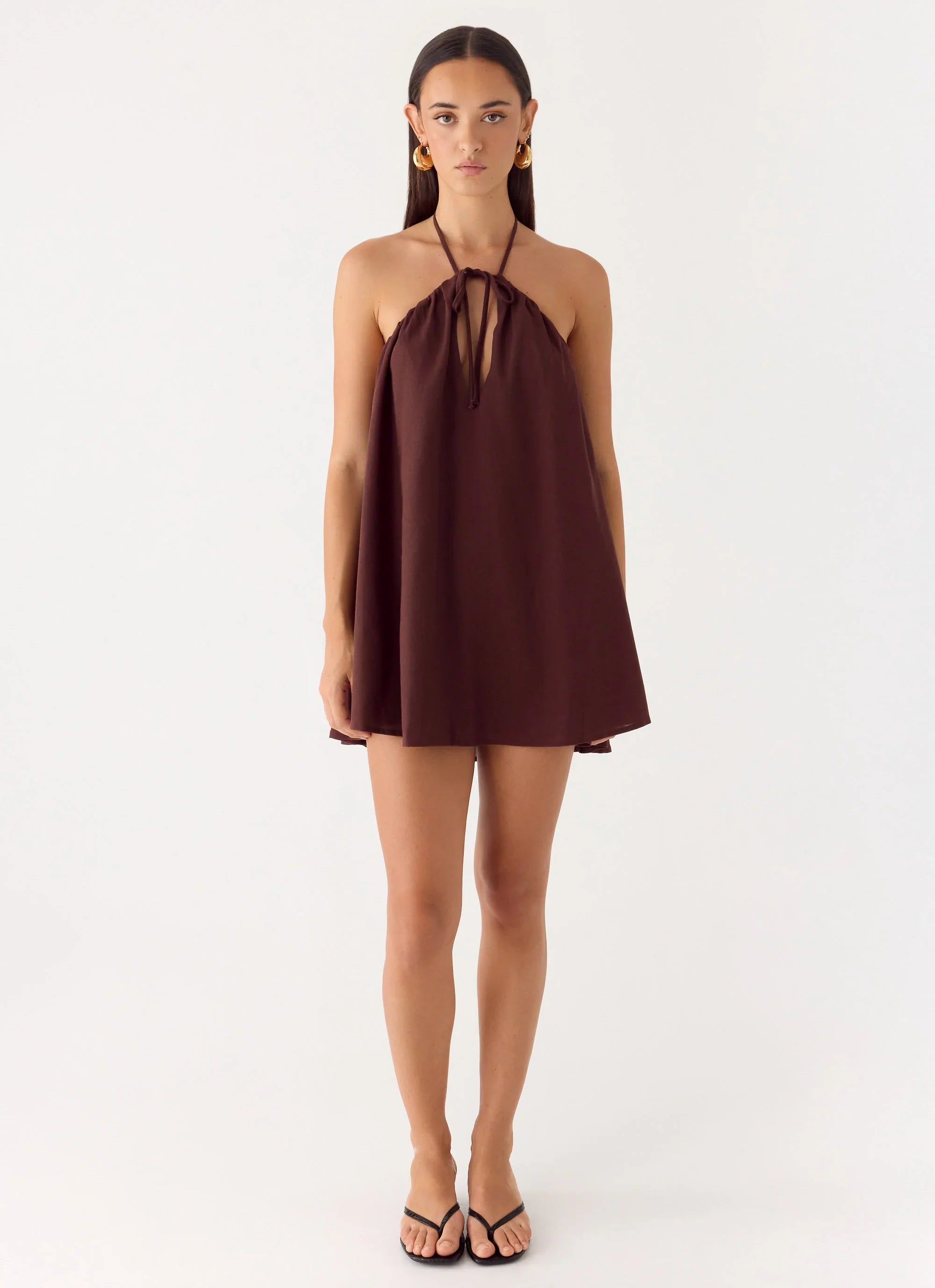 Soft Breeze Linen Mini Dress Chocolate